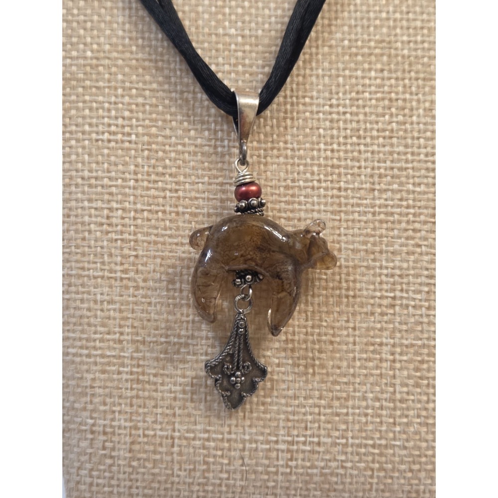 Unique Vintage Sterling Silver Blown Glass Mama Bear Pendant Adjustable Necklace
